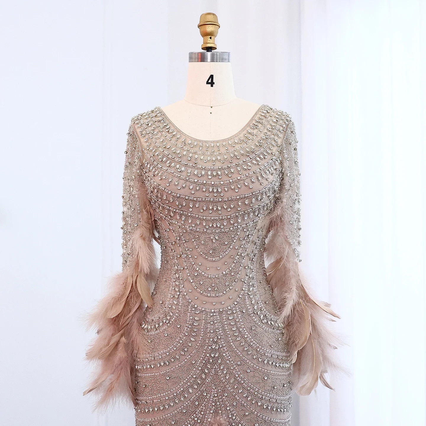 Luxury Feather Nude Mermaid Evening Dress for Women Wedding Party Long Sleeves Elegant - Image 2
