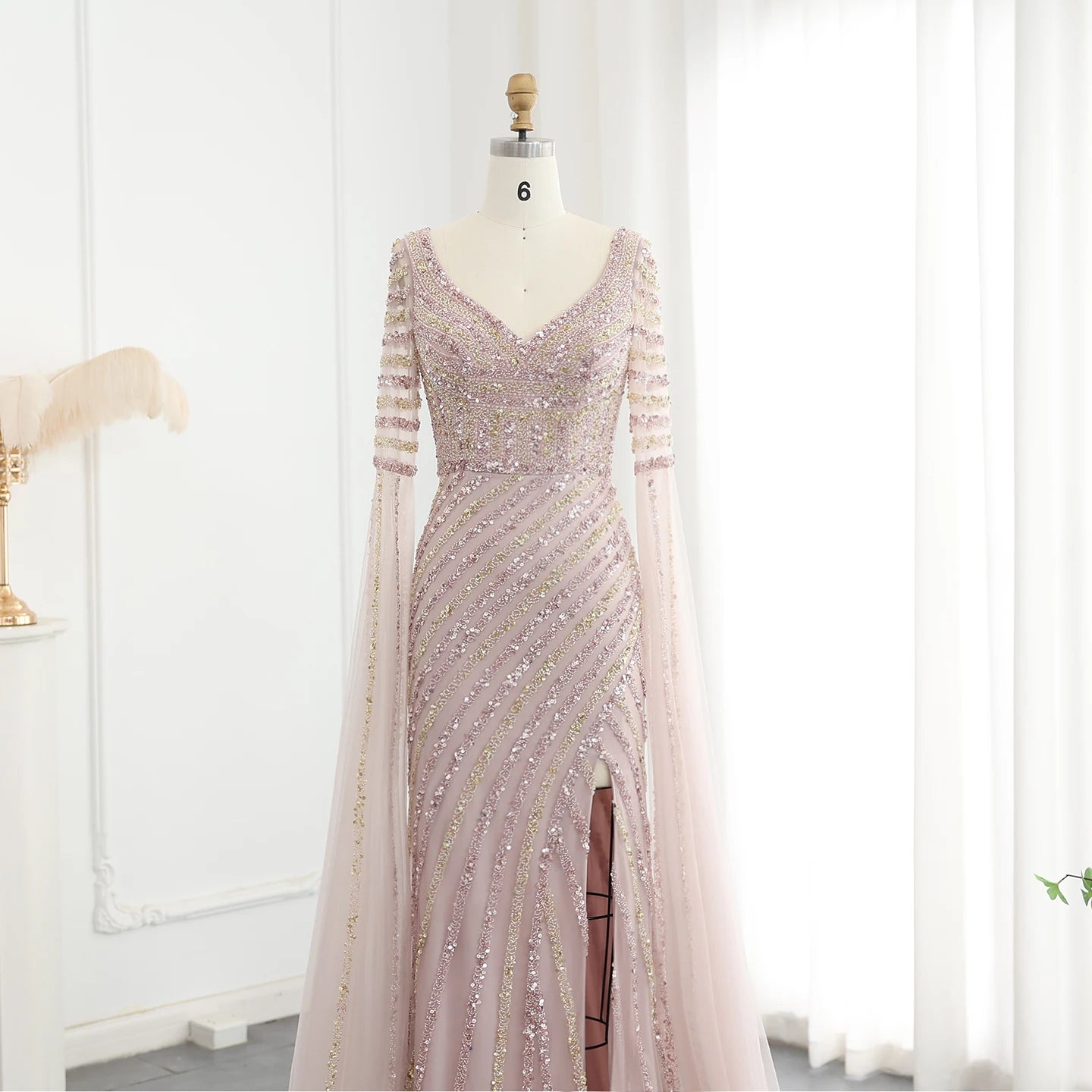 Luxury Beaded Mermaid Evening Dresses with Cape Sleeves Side Slit Women Long Wedding Party Gowns - Image 5