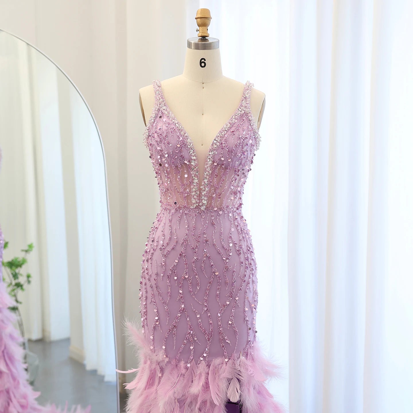 Luxury Feathers Mermaid Evening Dresses for Women Wedding V-Neck Blue Side Slit Long Prom Party Dress - Image 11