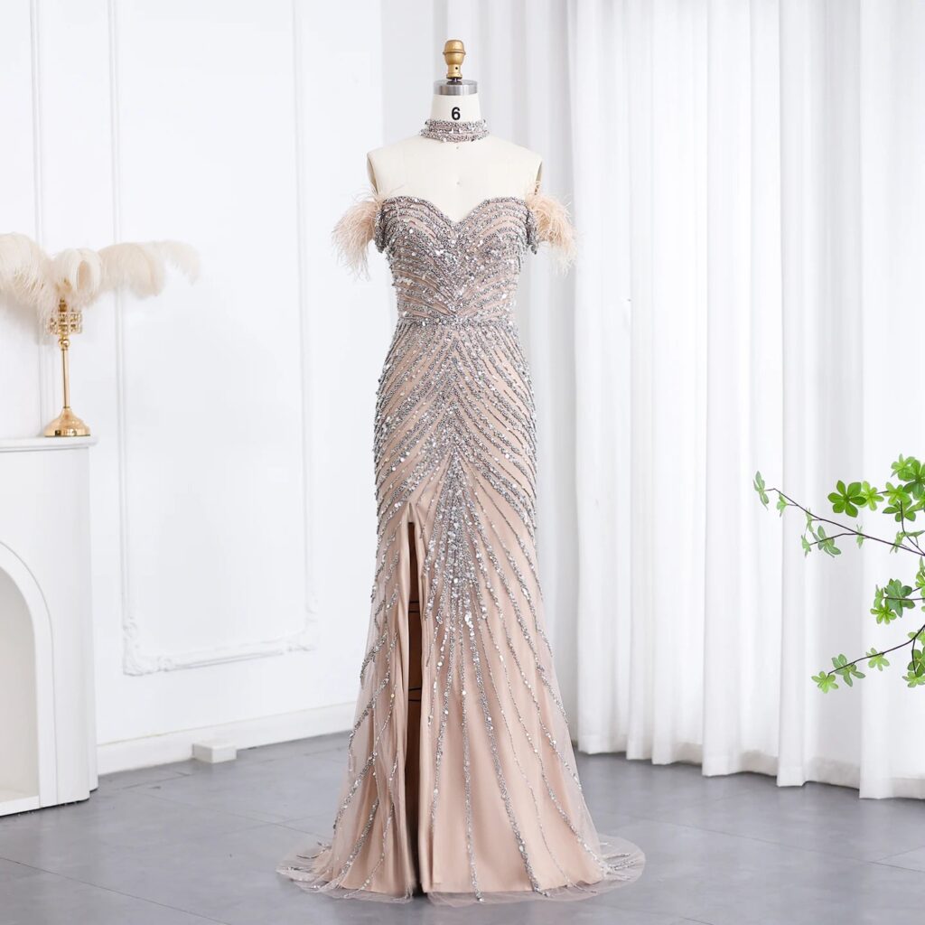 Luxury Feather Beaded Mermaid Dress with Chocker Off Shoulder Slit Long Prom Party Gowns for Wedding