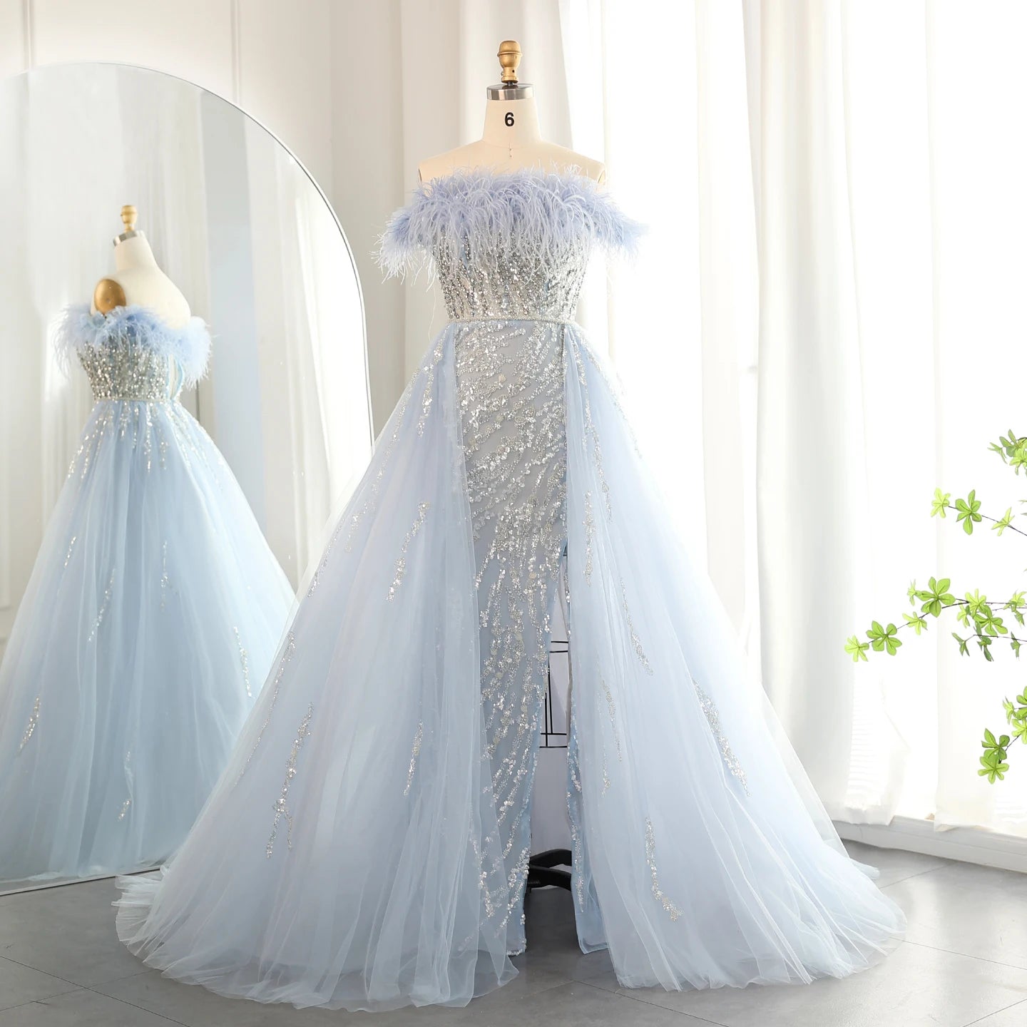 Luxury Feathers Lilac Evening Dress with Overskirt Side Slit Blue Green Women Wedding Party Gowns - Image 3
