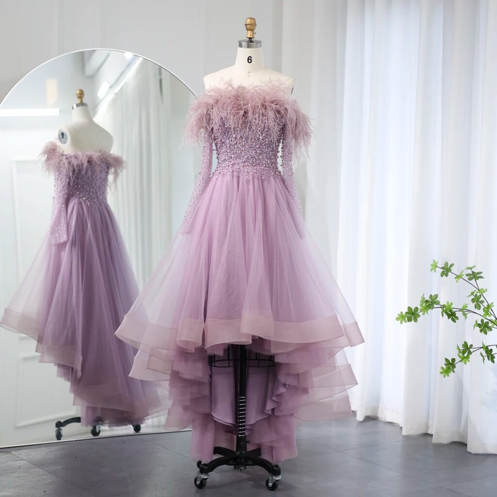 Luxury Feathers Purple High Low Evening Dresses Elegant Off Shoulder Arab Women Wedding Party Prom Dress