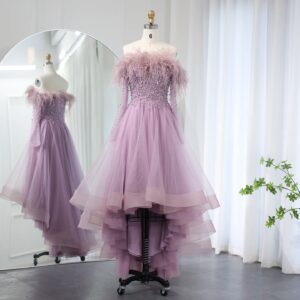 Luxury Feathers Purple High Low Evening Dresses Elegant Off Shoulder Arab Women Wedding Party Prom Dress
