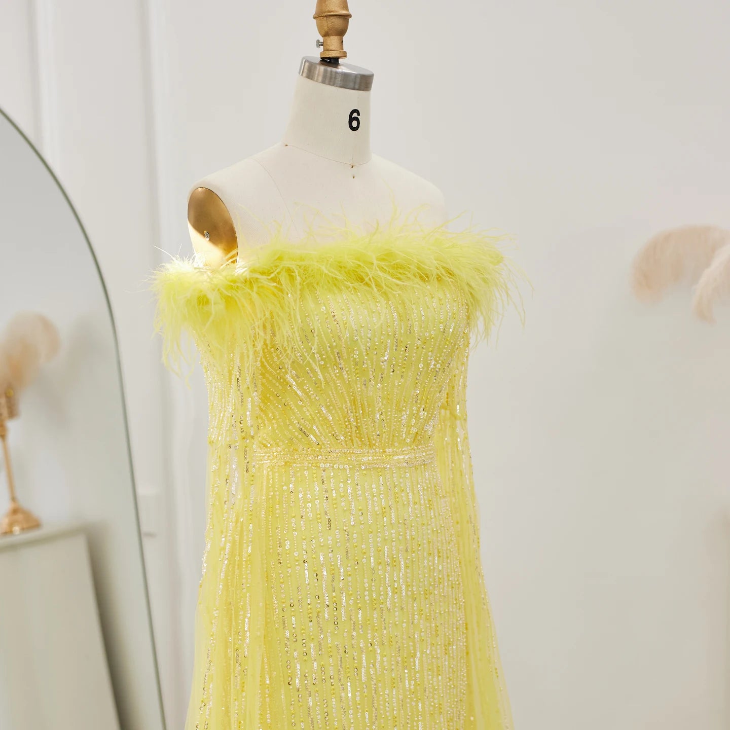 Luxury Feathers Mermaid Sage Green Evening Dresses with Cape Sleeves Pink Yellow Wedding Party Gowns - Image 14