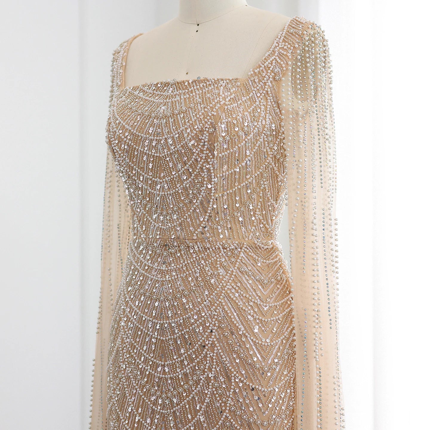 Beaded Mermaid with Cap Sleeves Evening Dresses for Women Champagne Formal Dresses Prom Dress - Image 3