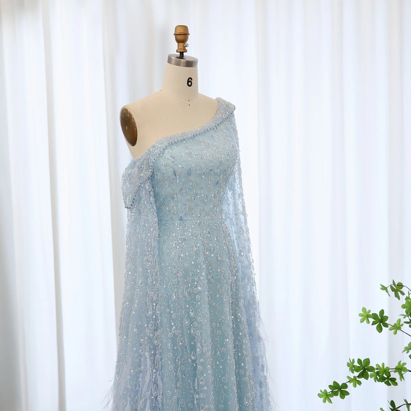 Luxury Feather One Shoulder Evening Dresses with Cape Sleeves Rose Gold Lilac Women Wedding Party Gowns - Image 17