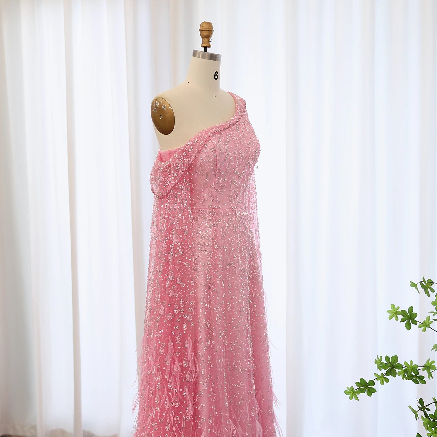 Luxury Feather One Shoulder Evening Dresses with Cape Sleeves Rose Gold Lilac Women Wedding Party Gowns - Image 29