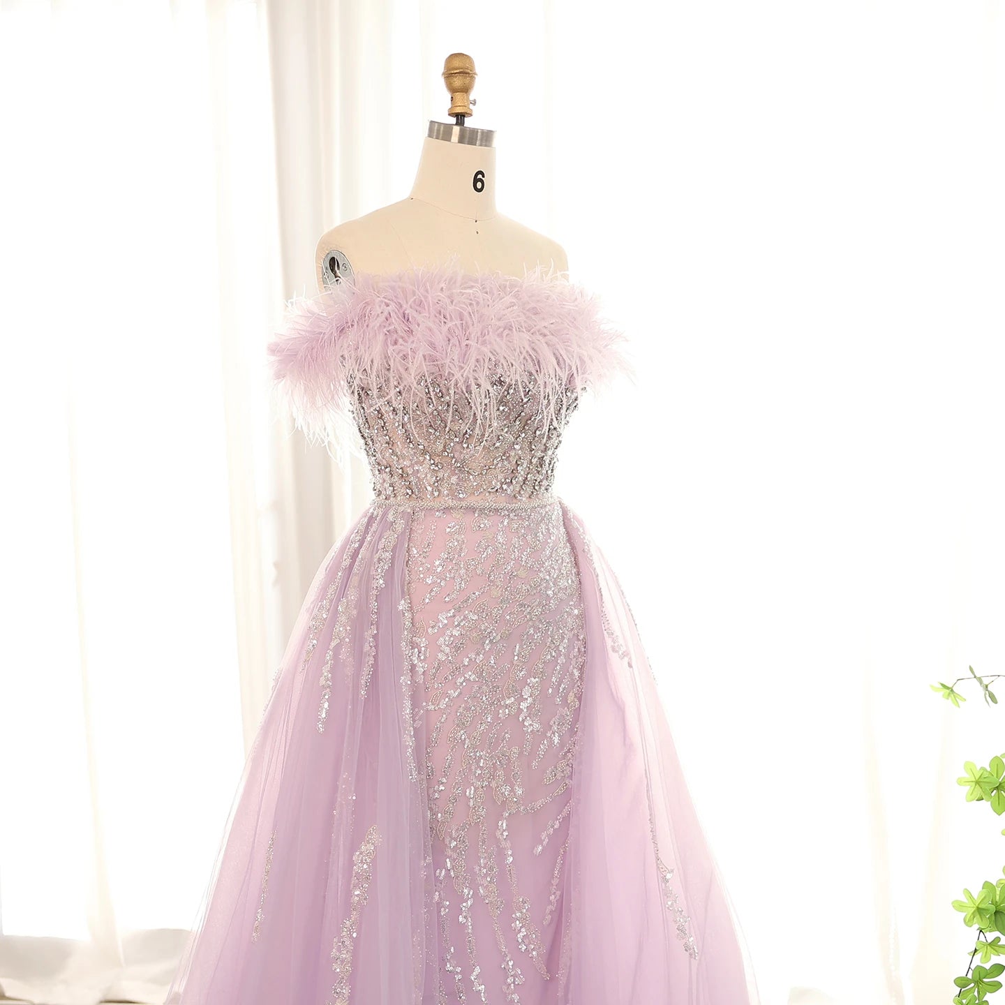 Luxury Feathers Lilac Evening Dress with Overskirt Side Slit Blue Green Women Wedding Party Gowns - Image 4