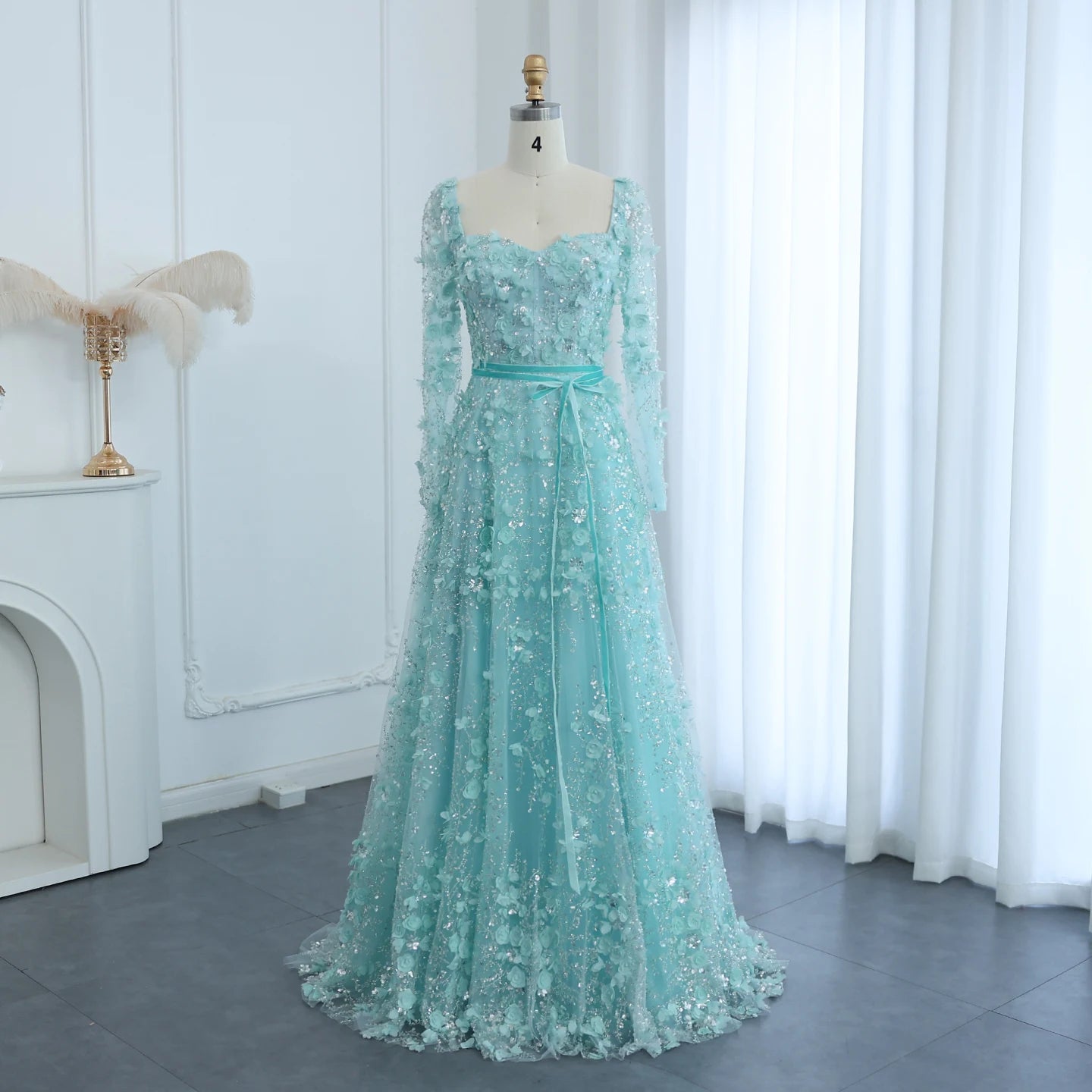 Luxury 3D Flower Gray Long Sleeves Evening Dresses for Women Wedding Party Elegant A-line Formal Gowns - Image 6