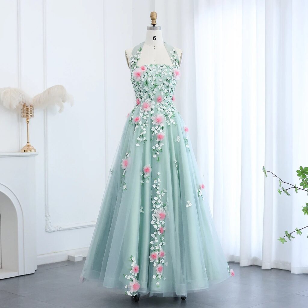 Chic 3D Flowers Halter Aqua Evening Dresses for Women Wedding Party A-line Midi Formal Prom Gowns