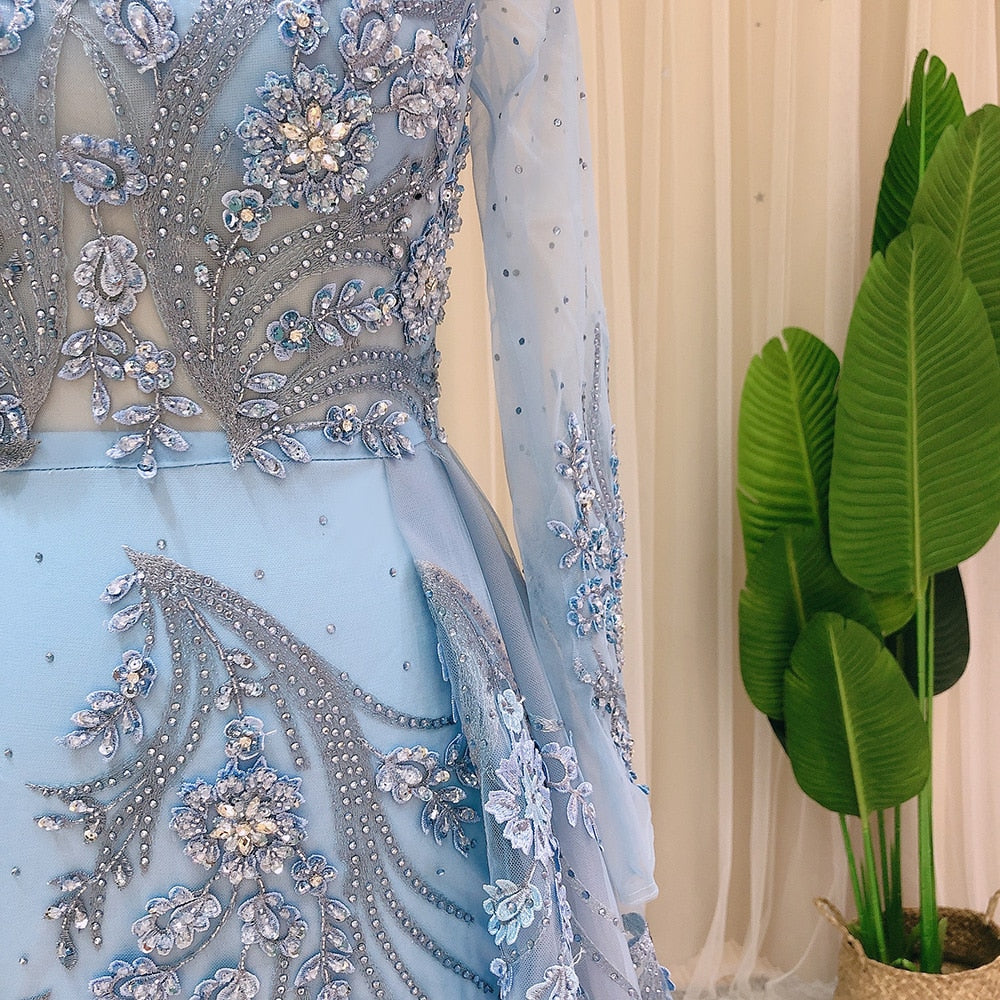Blue Long Sleeve Overskirt Evening Dresses for Women Wedding Party Luxury Crystal Formal Dress - Image 7