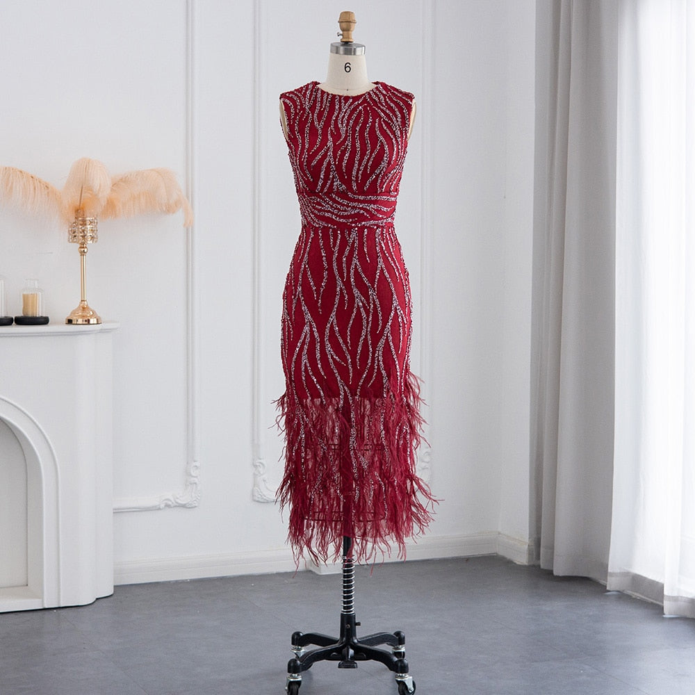 Elegant Lace Midi Evening Dress with Feathers Beading Formal Dresses for Wedding Party - Image 15