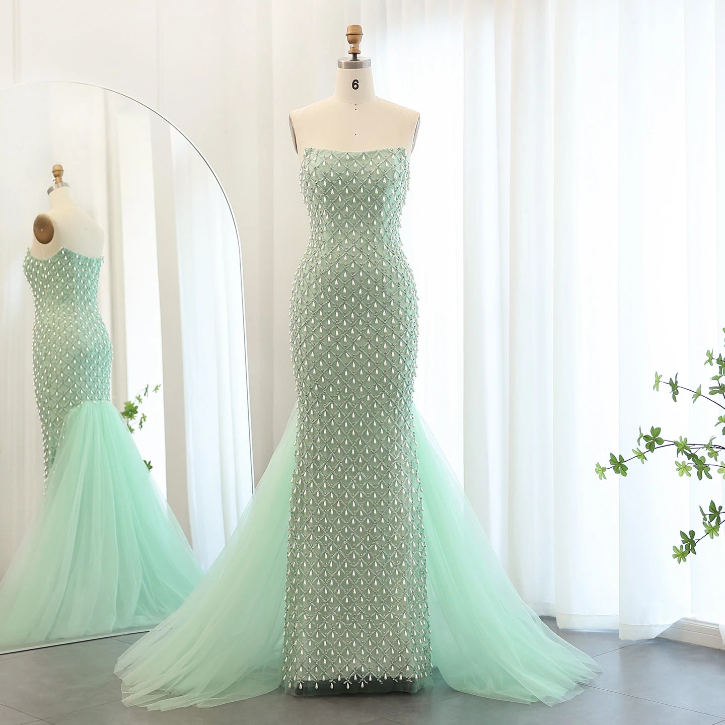 Luxury Crystal Pearls Mermaid Sage Green Evening Dress with Cape Elegant Women Wedding Party Gown - Image 7