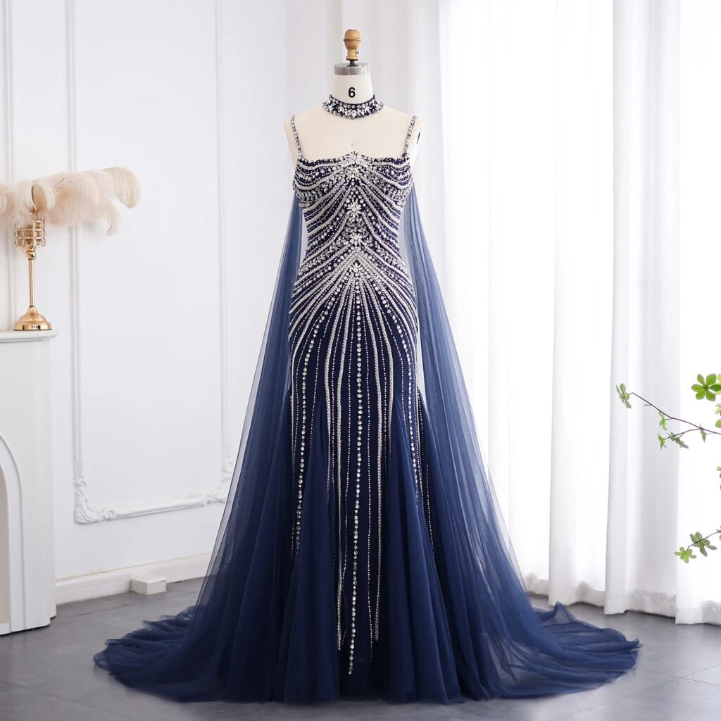 Luxury  Navy Blue Mermaid Evening Dress with Chocker Cape Blush Pink Women Wedding Party Gowns