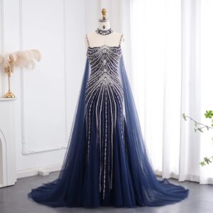 Luxury  Navy Blue Mermaid Evening Dress with Chocker Cape Blush Pink Women Wedding Party Gowns