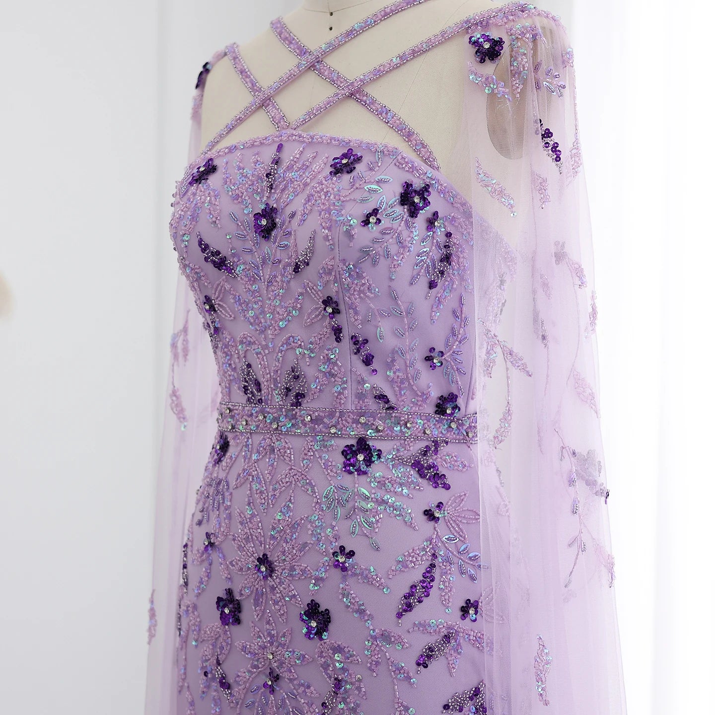 Luxury Lilac Evening Dresses with Cape Sleeves Criss Cross Elegant Arab Women Wedding Party Gowns - Image 8