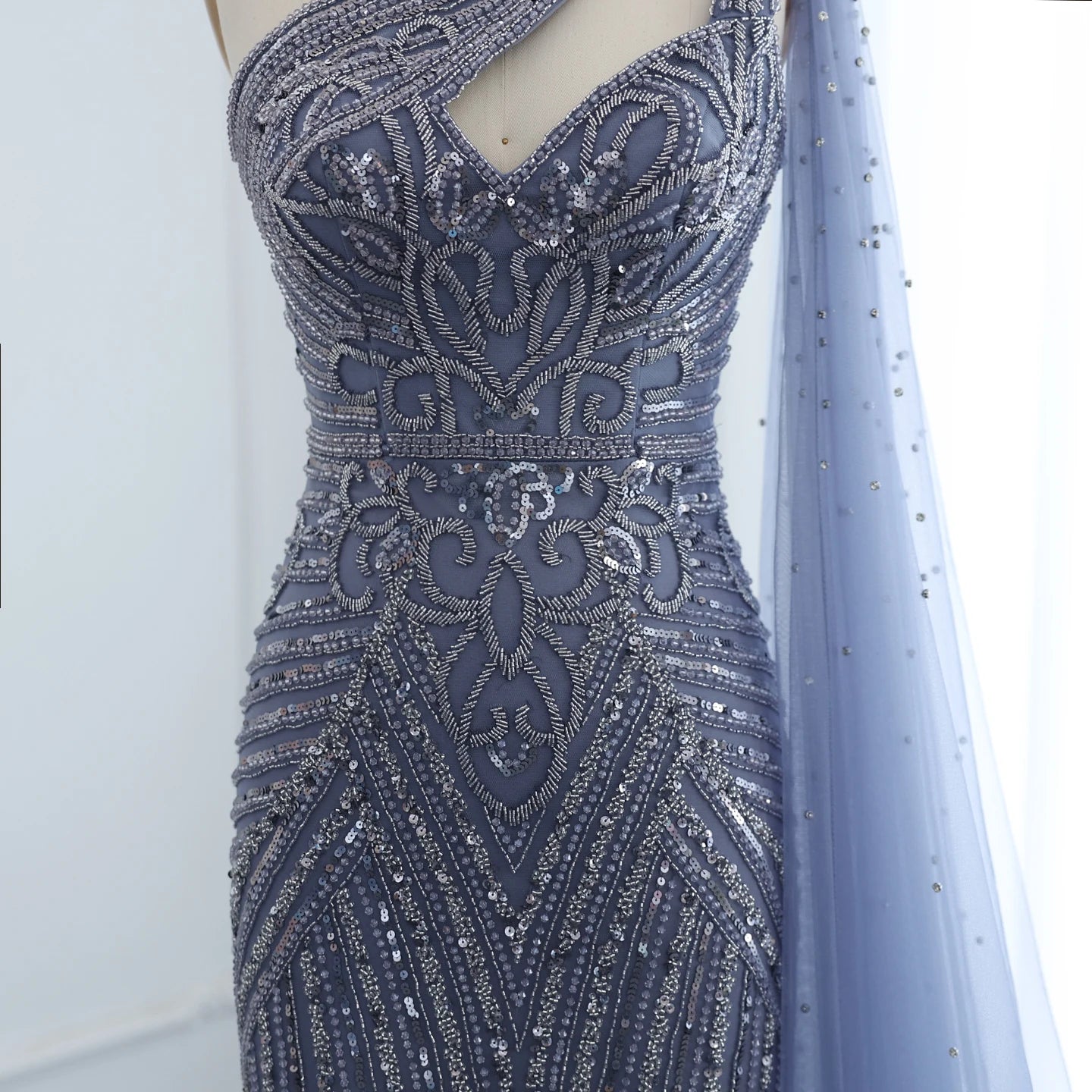 Luxury Beaded Mermaid Nude Evening Dress with Cape Sleeve One Shoulder Side Slit Women Wedding Party Gowns - Image 5