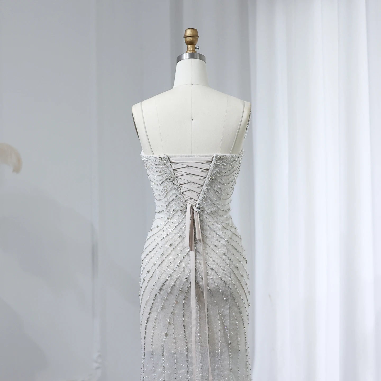 Crystal Luxury Mermaid White Wedding Dresses for Women Spaghetti Straps Front Slit Bridal Gowns - Image 6