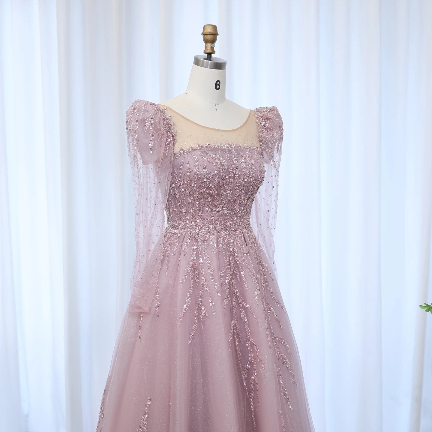 Dusty Pink Long Sleeves Luxury Evening Dress for Women Wedding Party Formal Prom Gowns - Image 5