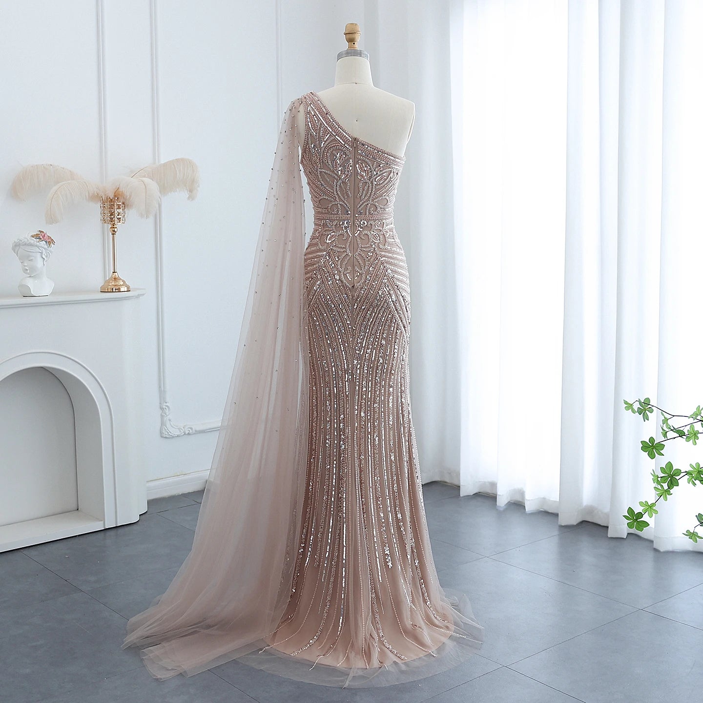 Luxury Beaded Mermaid Nude Evening Dress with Cape Sleeve One Shoulder Side Slit Women Wedding Party Gowns - Image 17