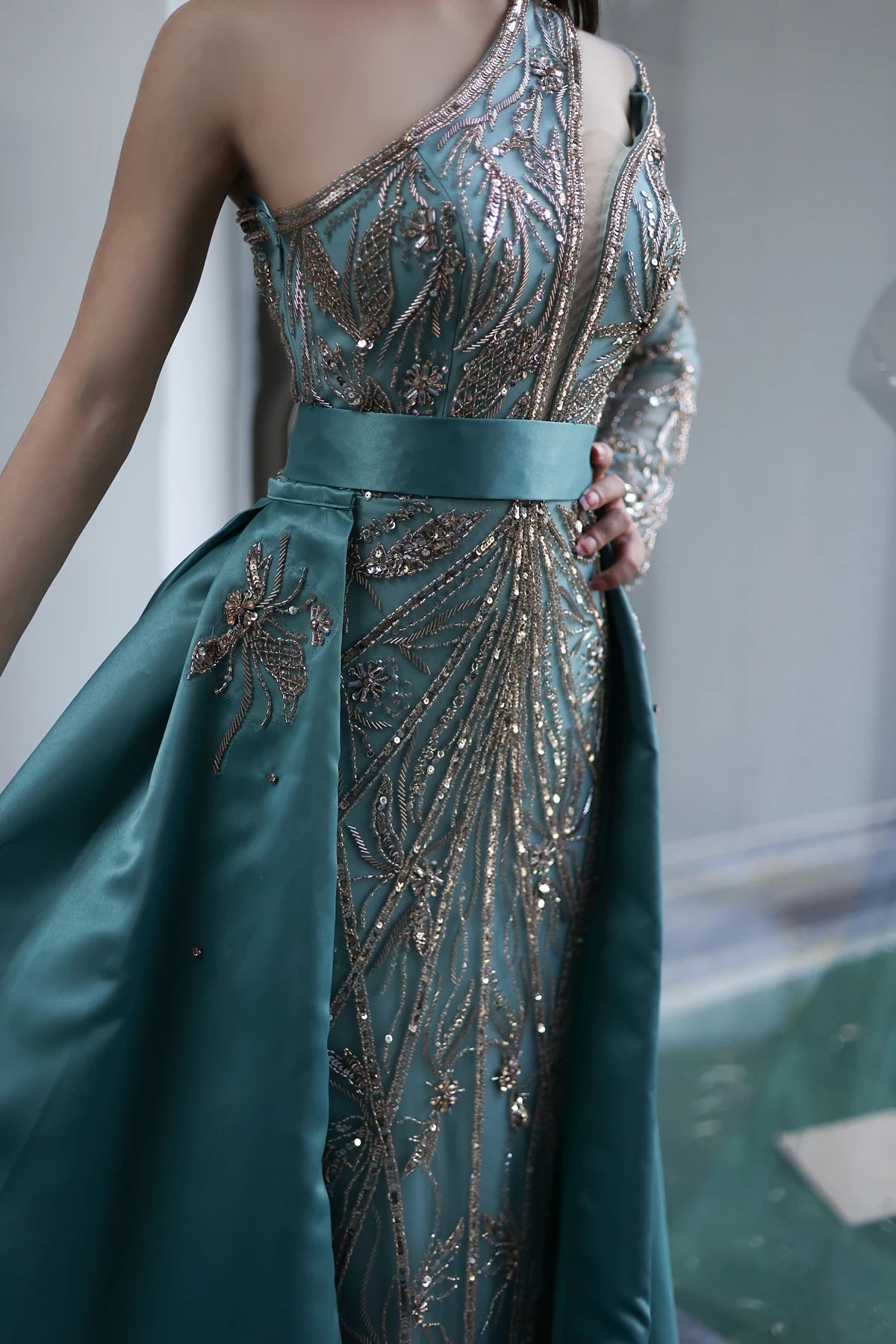 Luxury Beads One Shoulder Turquoise Evening Dress with Overskirt Women Wedding Party Gown - Image 10