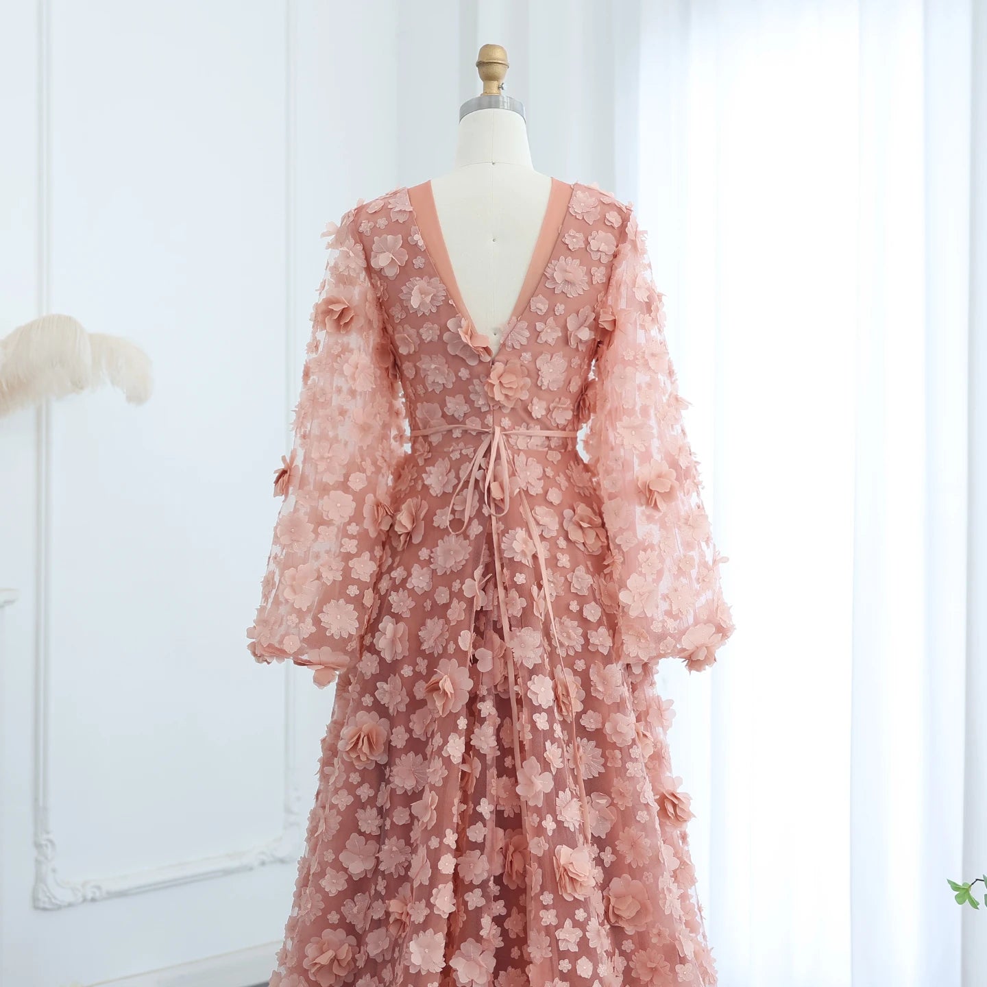 Blush Peach-Pink 3D Flowers Evening Dresses with Bell Long Sleeves V-Neck Wedding Party Birthday Gowns - Image 8