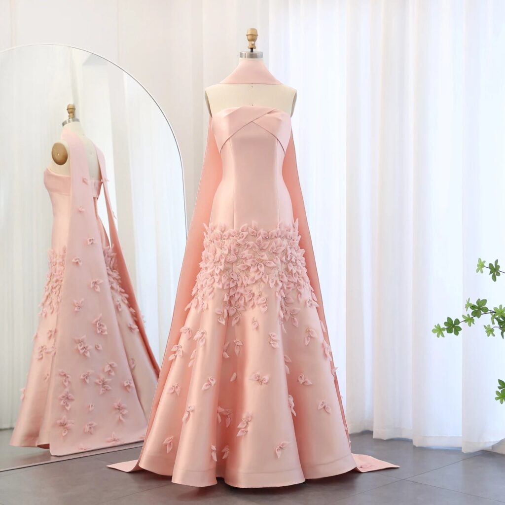Luxury 3D Leaves Blush Pink Satin Mermaid Evening Dress with Cape Arabic Women Wedding Prom Party Gowns