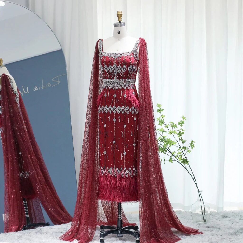 Mermaid Evening Dress with Cape Luxury Feather Formal Dresses for Women Wedding Party