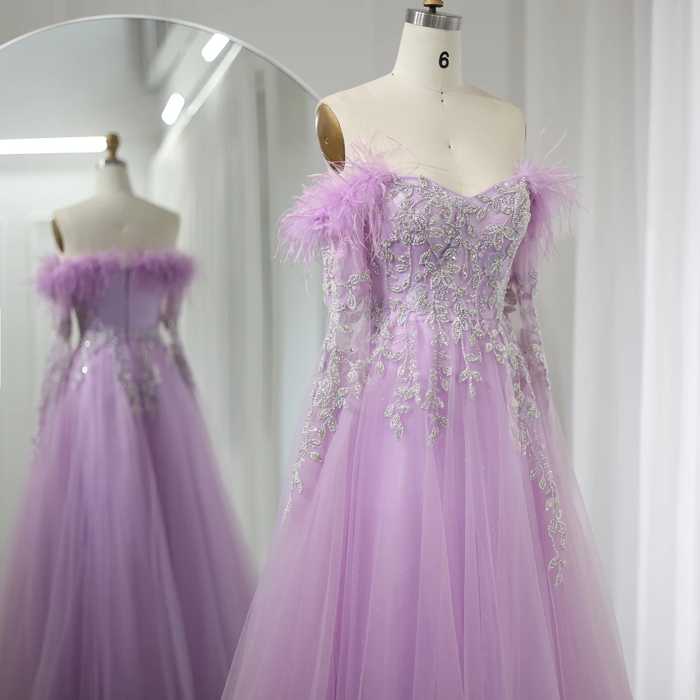 Luxury Feathers Gray Purple Evening Dress with Cape Sleeve Elegant Off Shoulder Lilac Wedding Party Gown - Image 6