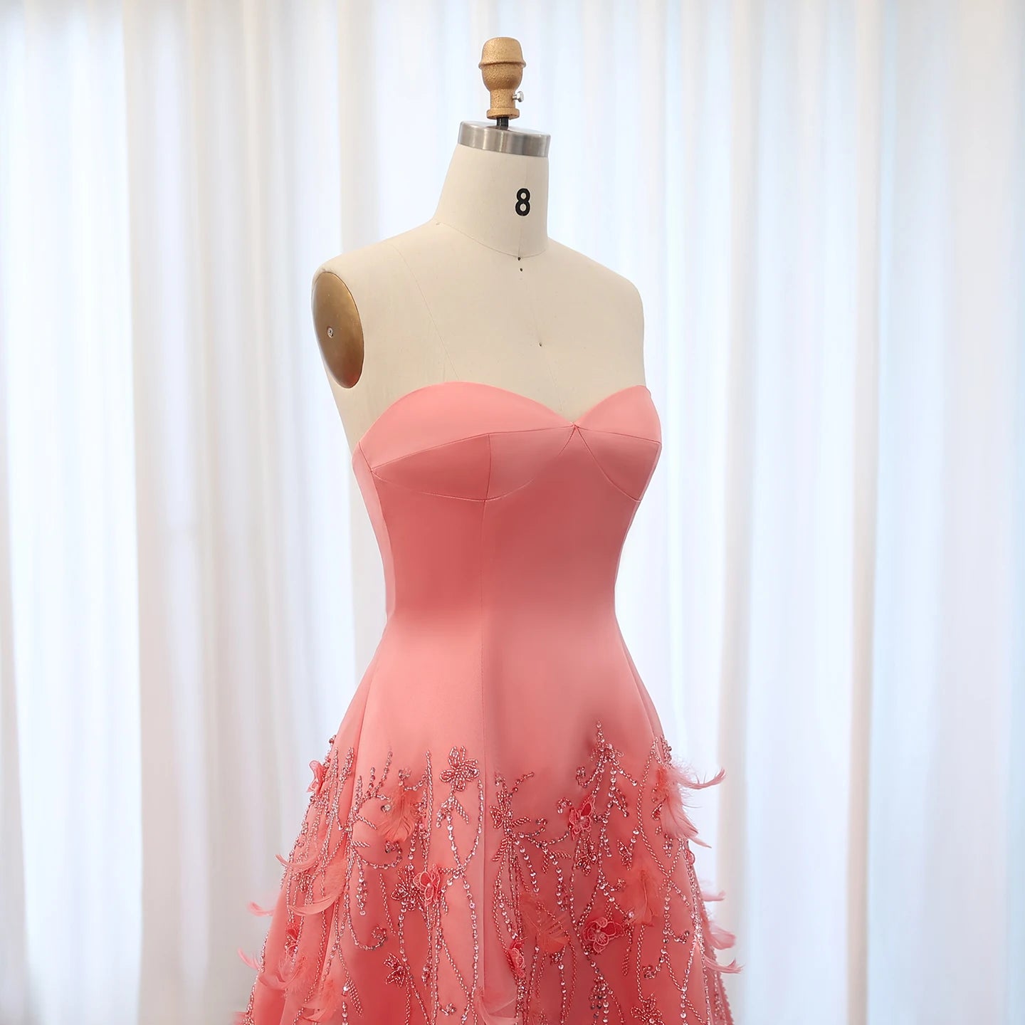 Luxury Feathers Coral Pink Evening Dresses 3D Flowers Sweetheart Long Women Wedding Formal Party Dress - Image 7