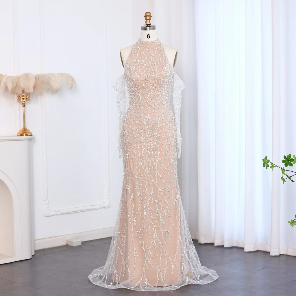 Luxury Beaded Mermaid Nude Evening Dress with Gloves High Neck for Women Wedding Party Customized