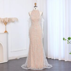 Luxury Beaded Mermaid Nude Evening Dress with Gloves High Neck for Women Wedding Party Customized