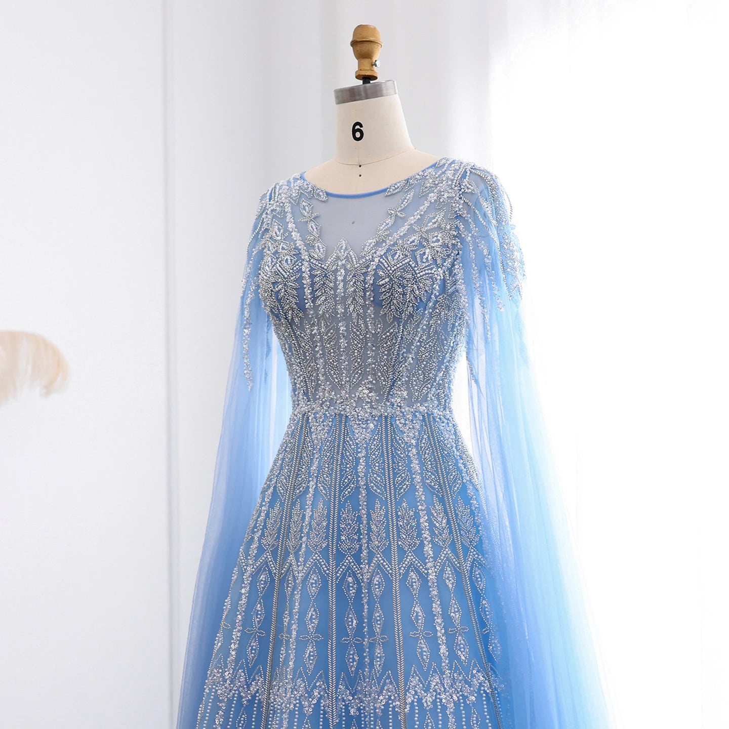 Blue Luxury Evening Dress with Cape Sleeves Brown Pink Wedding Formal Party Gowns - Image 4