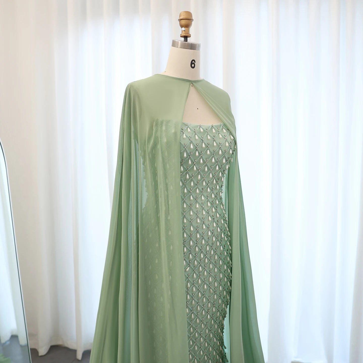 Luxury Crystal Pearls Mermaid Sage Green Evening Dress with Cape Elegant Women Wedding Party Gown - Image 4