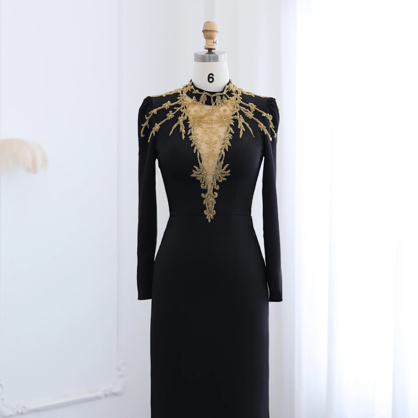 High Neck Long Sleeves Black Evening Dresses Gold Beaded Women Formal Party Gowns - Image 2