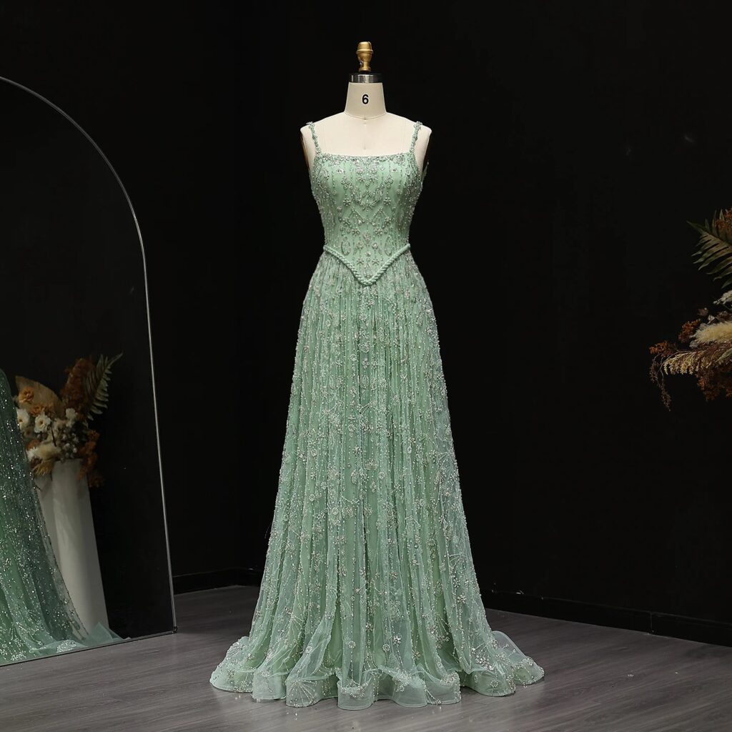 Elegant Sage Green Luxury Evening Dress for Women Wedding Party Spaghetti Straps New