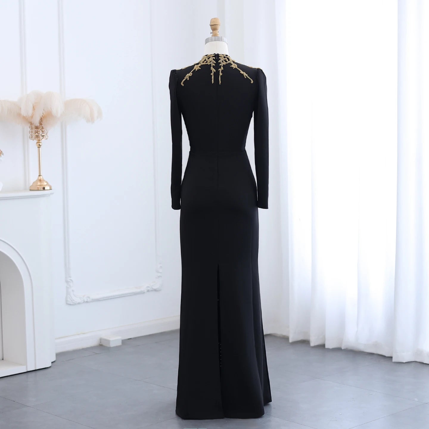 High Neck Long Sleeves Black Evening Dresses Gold Beaded Women Formal Party Gowns - Image 5
