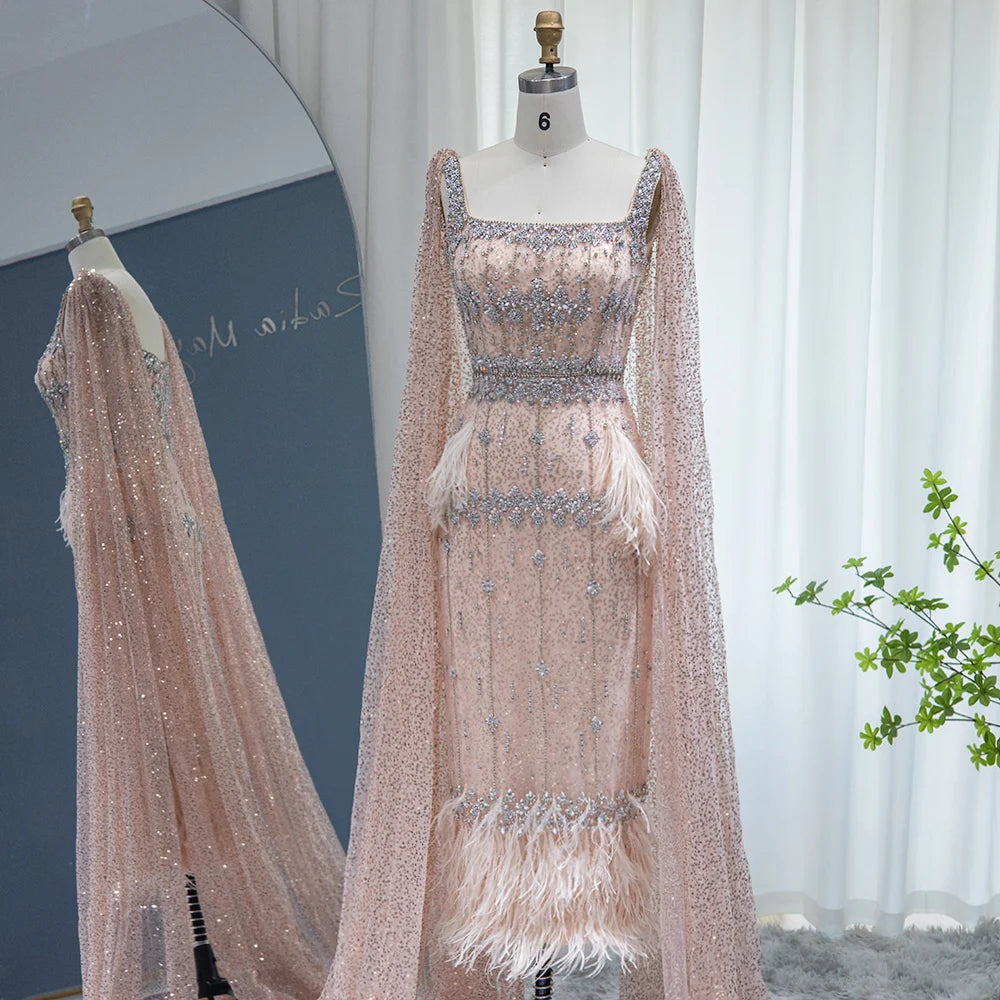 Mermaid Evening Dress with Cape Luxury Feather Formal Dresses for Women Wedding Party - Image 46