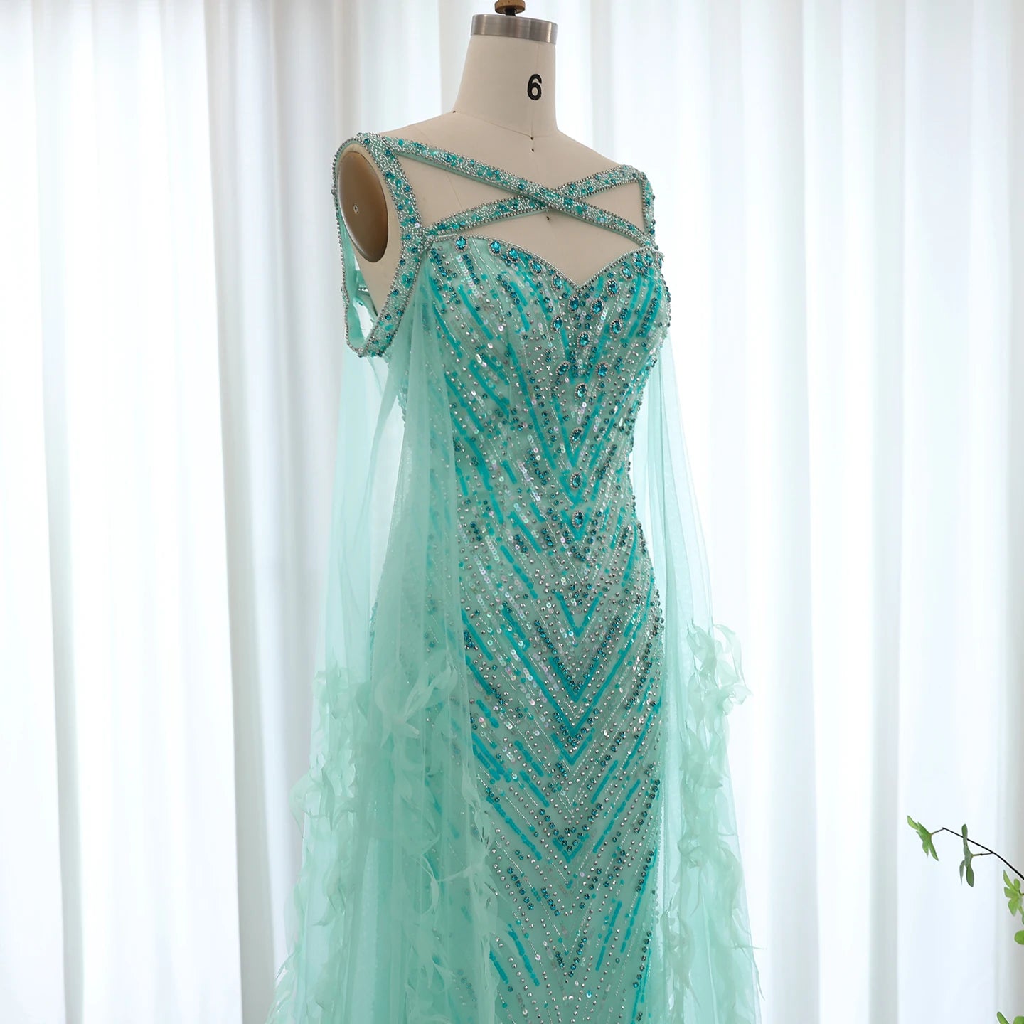 Fuchsia Mermaid Evening Dresses with Cape Sleeves Luxury Turquoise Women Wedding Party Dress - Image 19