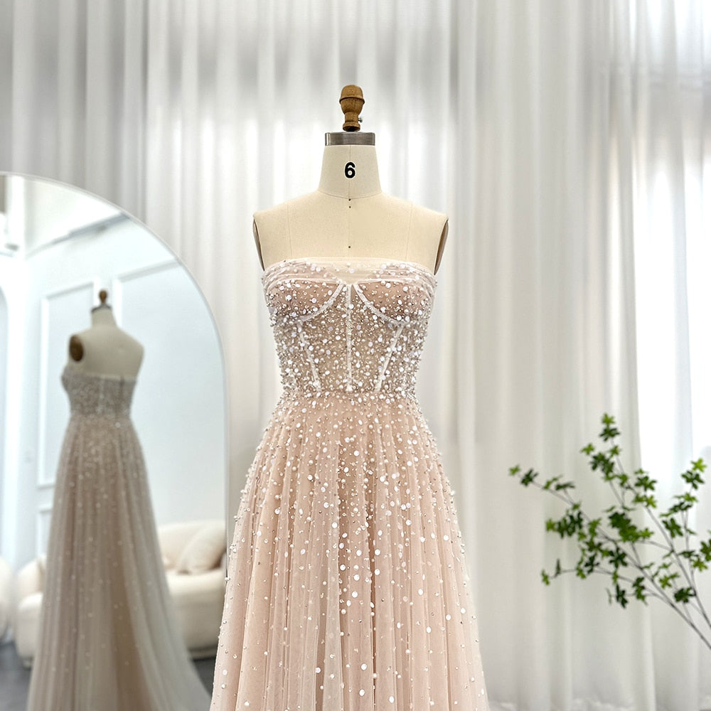 Luxury Pearls White Nude Evening Dresses with Gloves Elegant Women Wedding Bridal Party Gowns - Image 5