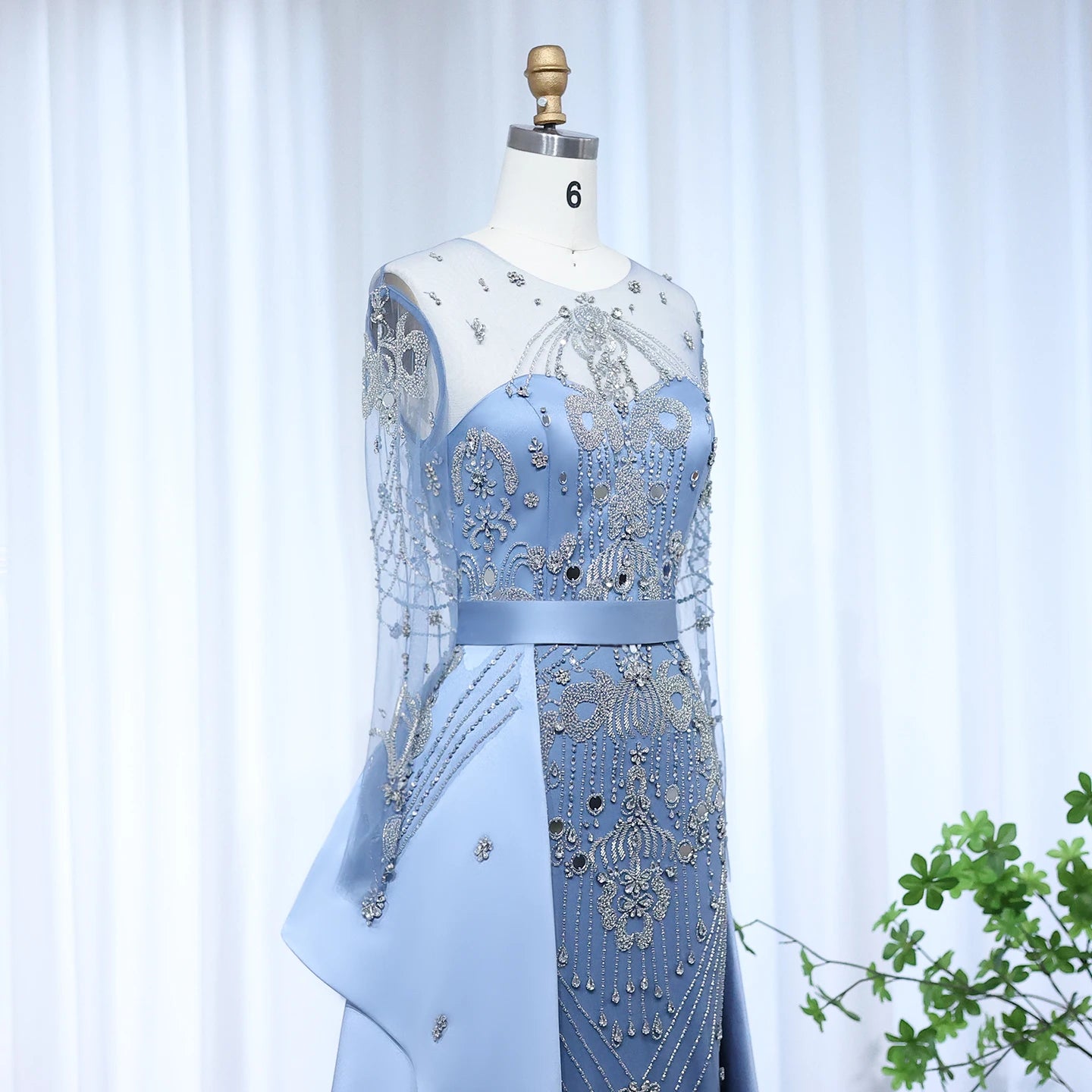 Luxury Beads Blue Long Sleeves Evening Dress with Overskirt Women Party Gowns - Image 6