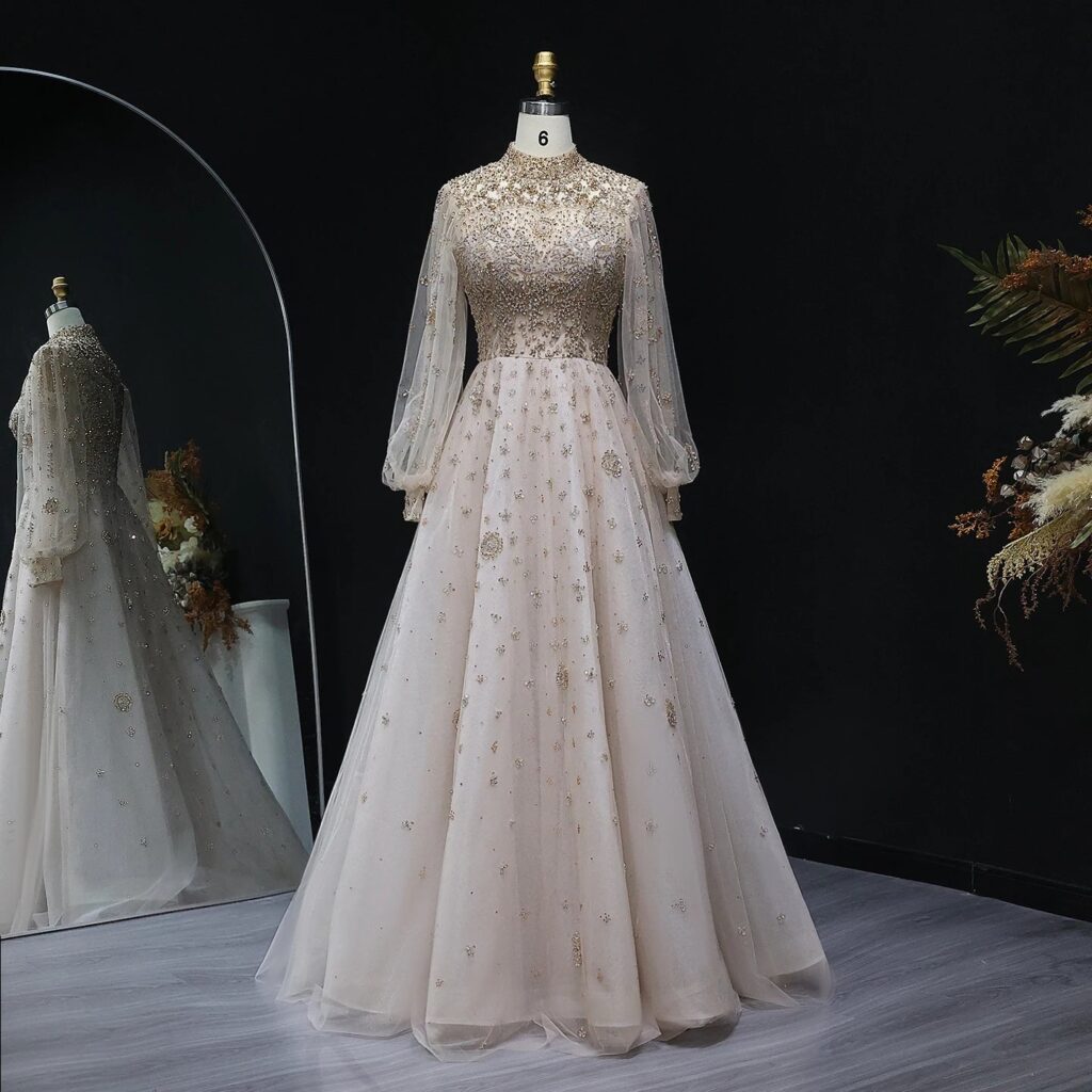 Elegant Champagne Luxury Women Evening Dress for Wedding Long Sleeves Party Formal Gowns