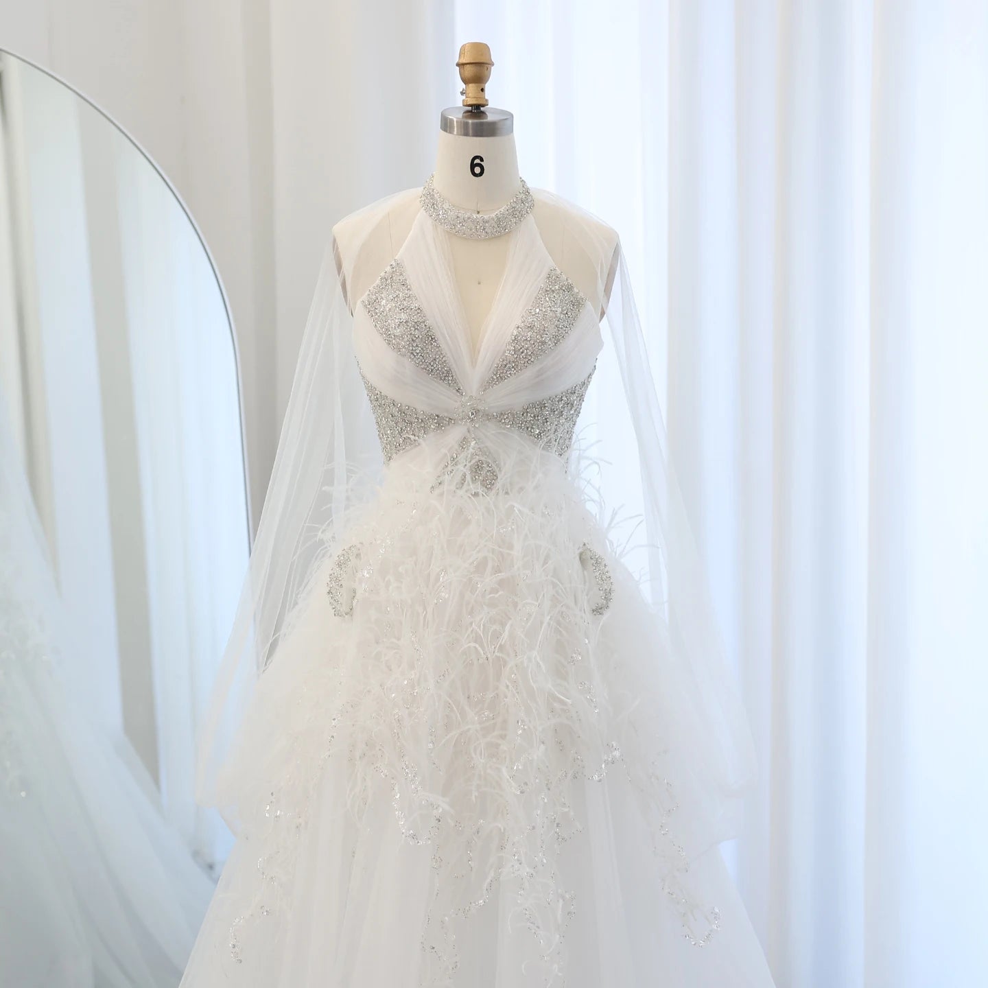 Luxury Feathers Ball Gown White Evening Dresses with Cape Sleeves for Wedding Party Dresses - Image 2