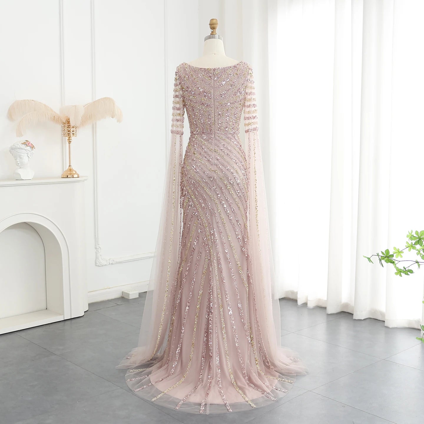 Luxury Beaded Mermaid Evening Dresses with Cape Sleeves Side Slit Women Long Wedding Party Gowns - Image 9