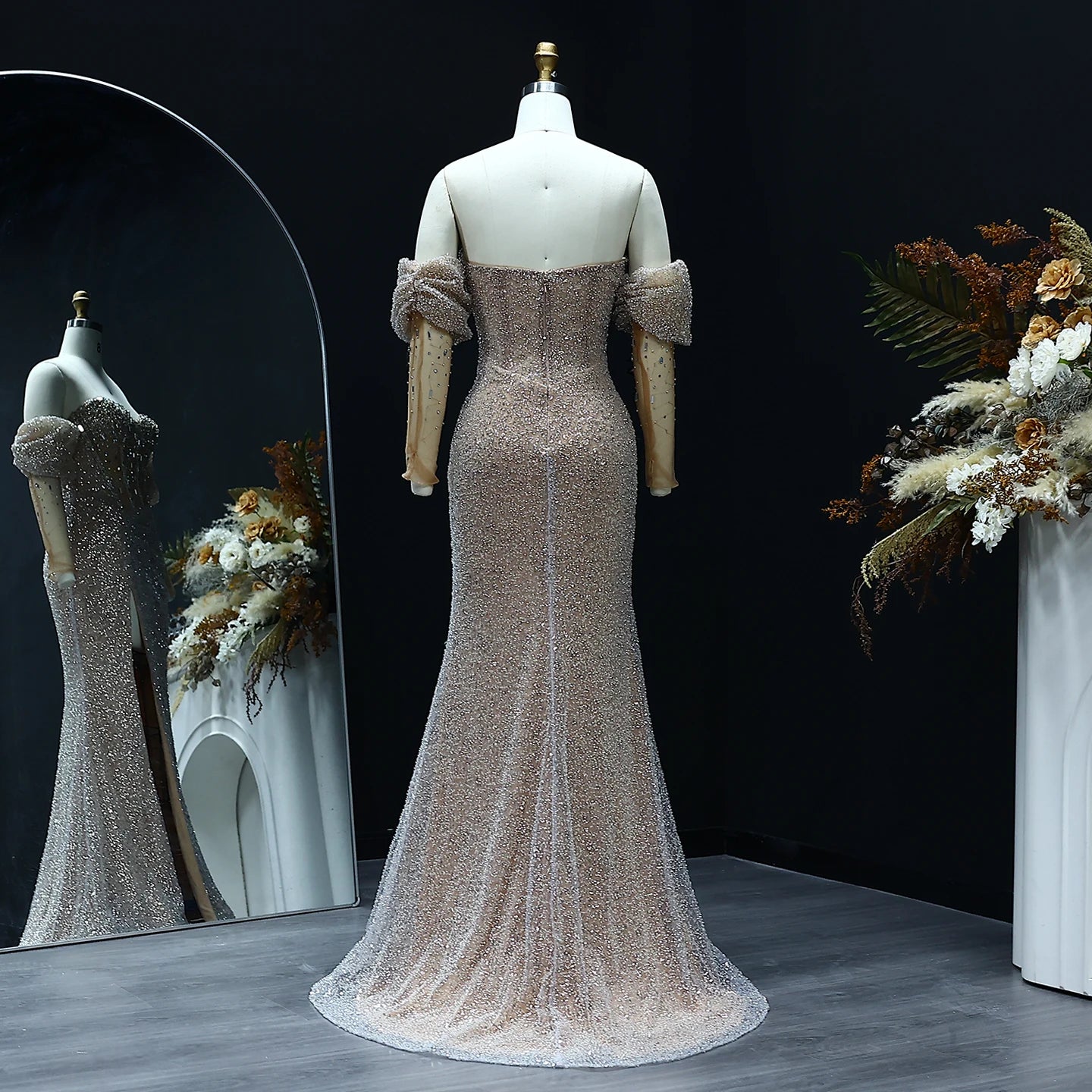 Luxury Mermaid Crystal Silver Evening Dress with Sleeves Slit Women Wedding Party Gown - Image 10