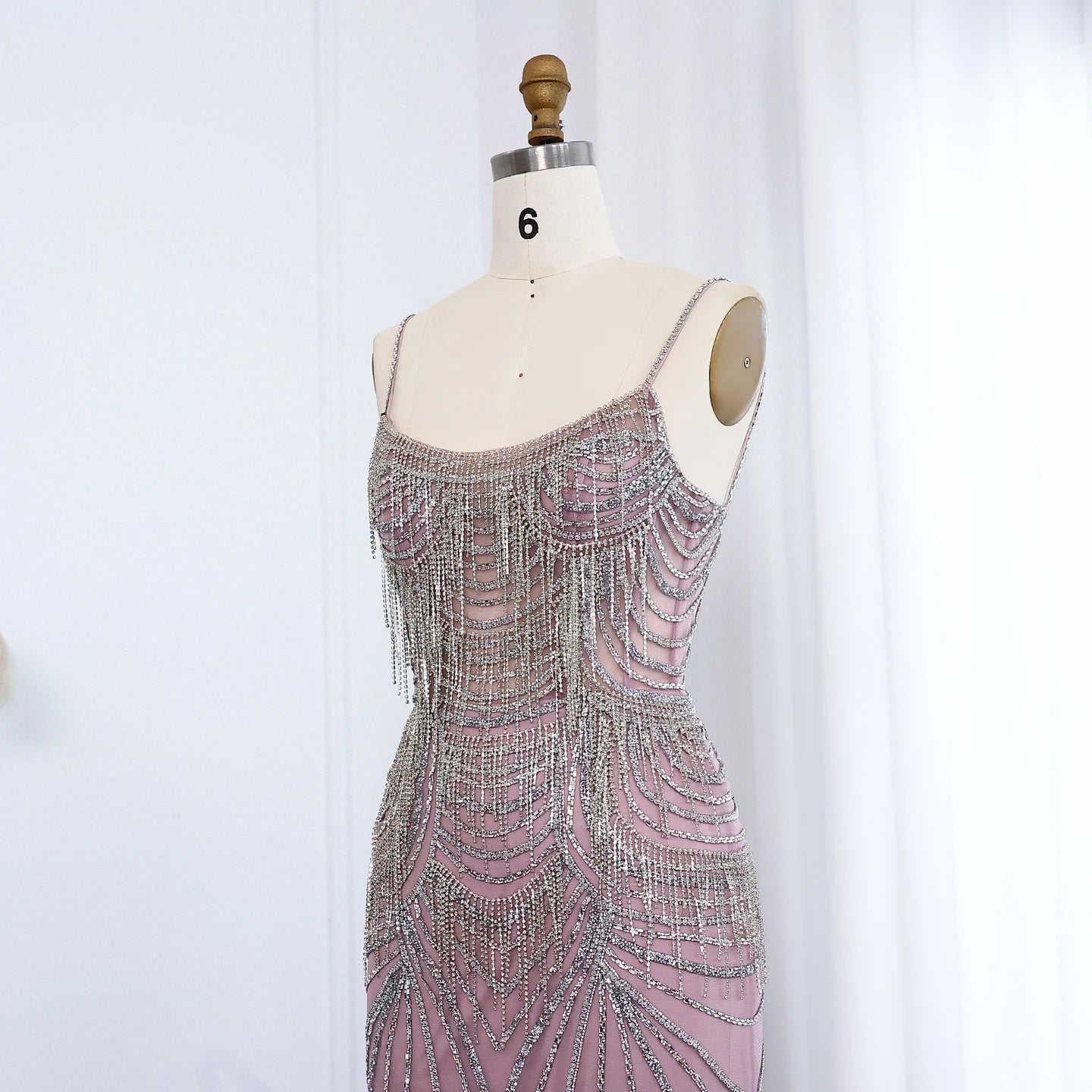 Luxury Crystal Tassel Mermaid Evening Dress with Spaghetti Straps Nude Pink Long Prom Party Gowns - Image 14