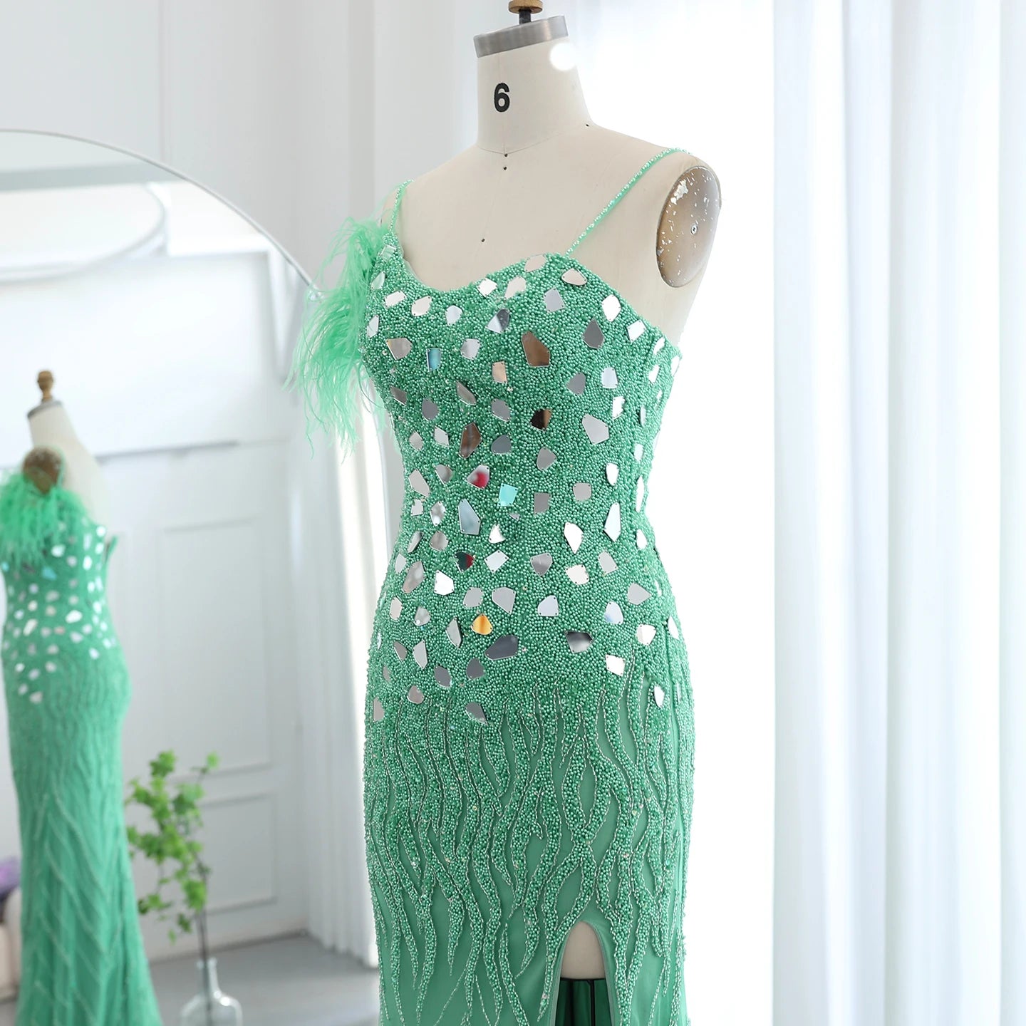 Luxury Beaded Feather Mermaid Silver Nude Evening Dress for Women Wedding Party Elegant Dubai Formal Prom Gown - Image 16