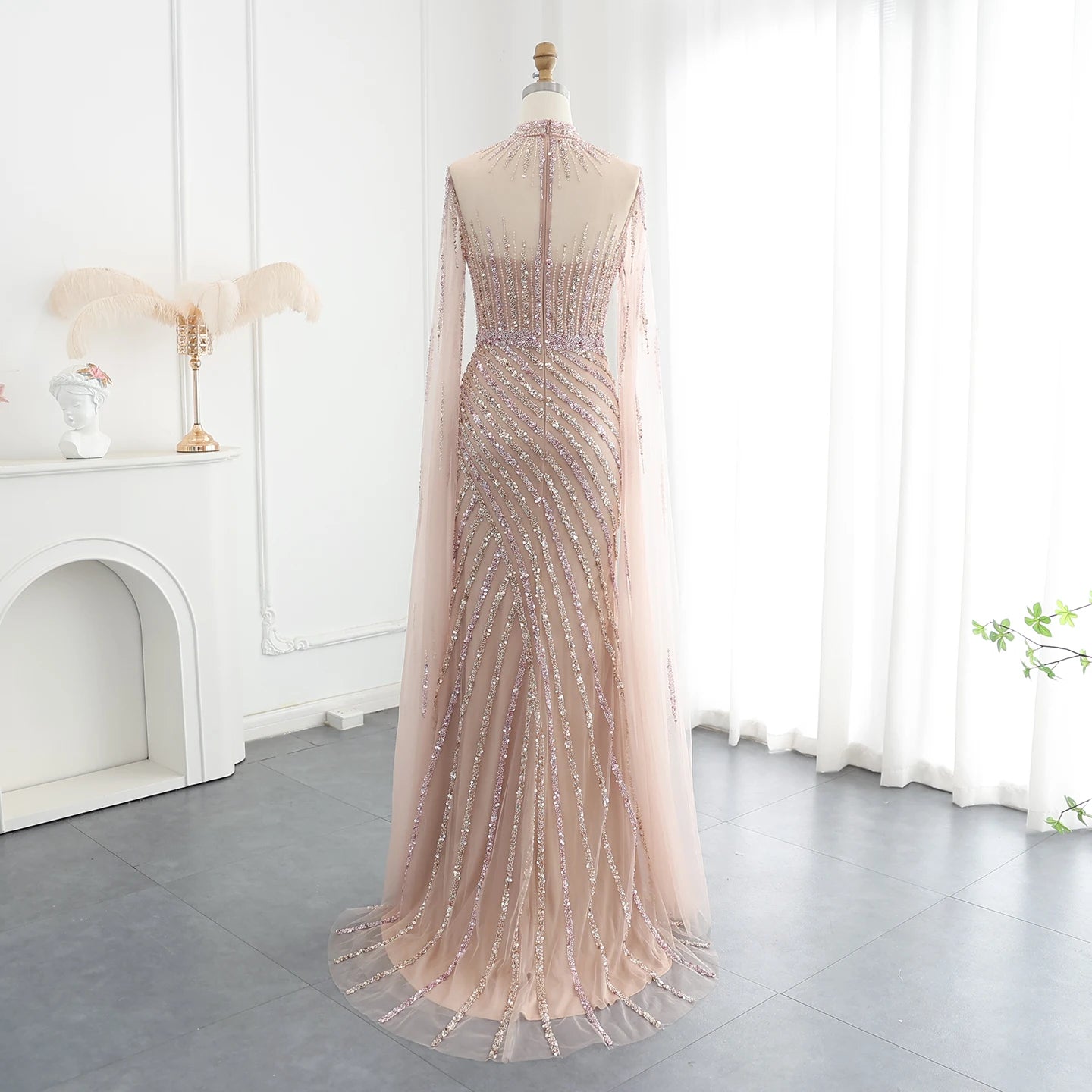 Luxury Beaded Mermaid Nude Evening Dress with Cape Sleeve One Shoulder Side Slit Women Wedding Party Gown - Image 7