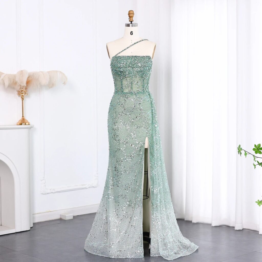 Luxury Ombre Blue Mermaid One Shoulder Evening Dress with Slit Overskirt Sage Green Long Wedding Party Gowns