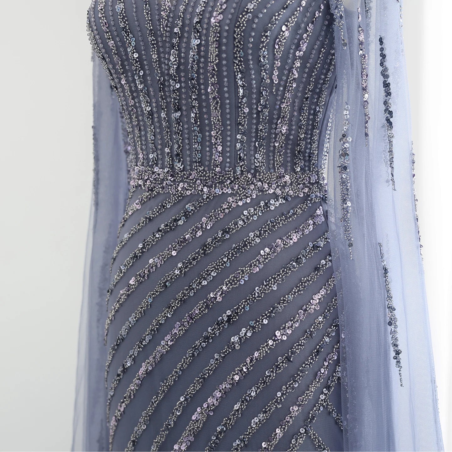 Luxury Beaded Mermaid Nude Evening Dress with Cape Sleeve One Shoulder Side Slit Women Wedding Party Gown - Image 10
